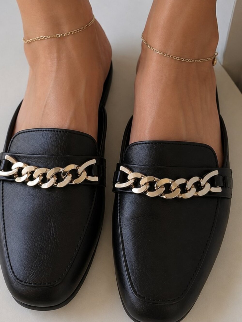 Size 7 Women's Black Slip On Shoes W/ Gold Chain Slide on Sandals